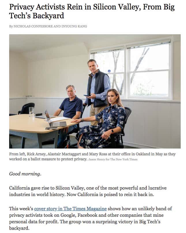 Ross had previously been included in New York Times coverage of the ballot initiative in a shorter article written in May by a different journalist, Daisuke Wakabayashi; the NYT’s “California Today” report used a photo from that piece to promote the article this week that didn’t include Ross.