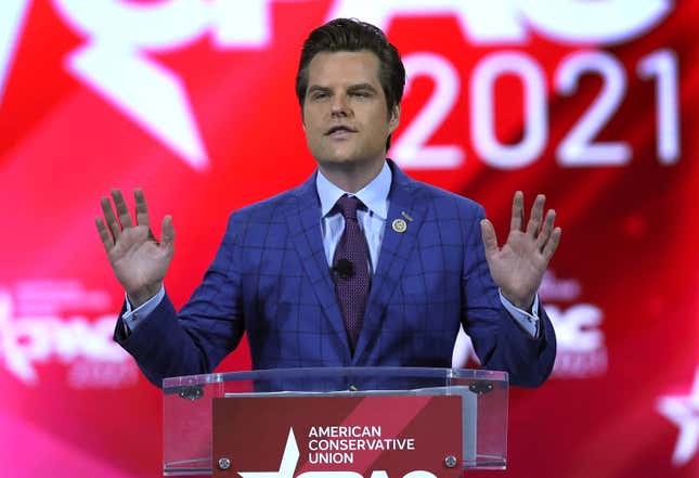  Rep. Matt Gaetz (R-FL) addresses the Conservative Political Action Conference being held in the Hyatt Regency on February 26, 2021 in Orlando, Florida. Begun in 1974, CPAC brings together conservative organizations, activists, and world leaders to discuss issues important to them. 