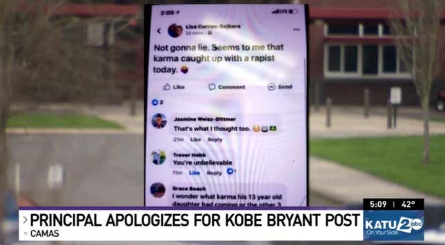 Image for article titled High School Principal Suspended After Suggesting Kobe Bryant Deserved to Die