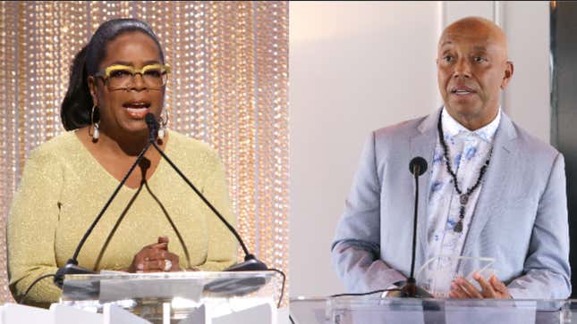 (L-R): Oprah Winfrey speaks onstage during The Hollywood Reporter’s Empowerment In Entertainment Event 2019 on April 30, 2019 in Los Angeles, California. ; Russell Simmons receives the Icon Award at the Culture Creators 2nd Annual Awards Brunch Presented By Motions Hair And Ciroc on June 24, 2017 in Beverly Hills, California. 