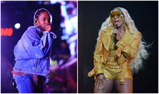 Kendrick Lamar performs onstage during the 2018 Coachella Valley Music And Arts Festival on April 13, 2018 in Indio, Calif.; Mary J. Blige performs at the Hard Rock Hotel &amp; Casino on August 16, 2019 in Las Vegas, Nev.