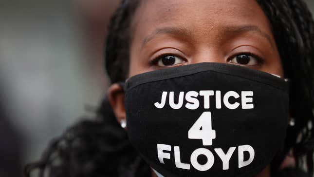 Demonstrators protest near the Hennepin County Courthouse on April 19, 2021 in Minneapolis, Minnesota.