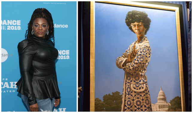 Cori Bush poses at the premiere of Knock Down the House during the 2019 Sundance Film Festival, Sunday, Jan. 27, 2019, in Park City, Utah.; a portrait of former Rep. Shirley Chisholm painted by Kadir Nelson.