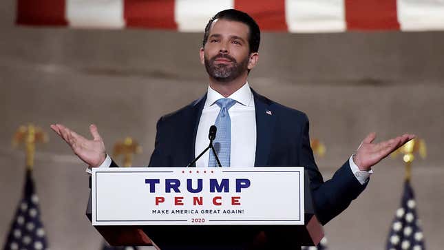 The president’s eldest son Donald Trump Jr., pictured here speaking at a Republican convention in D.C. last summer, reportedly tested positive for the coronavirus this week.