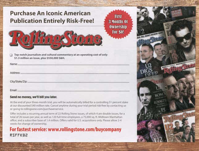 Image for article titled ‘Rolling Stone’ Offering Readers 3-Month Free Trial Period For Buying Company