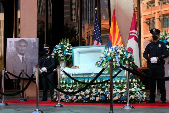 Calvin C. Goode is laid at state in front of Calvin C. Goode Municipal Building in Phoenix, Ariz on Saturday, Jan. 9, 2021. Family members and members of the community attended the public, socially distanced viewing for Goode who died on Wednesday, Dec. 23, 2020. He was 93.
