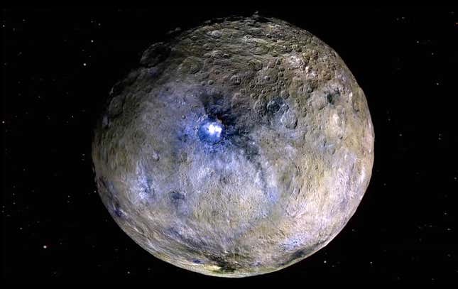 Dwarf planet Ceres shown in false color, with Occator Crater visible.