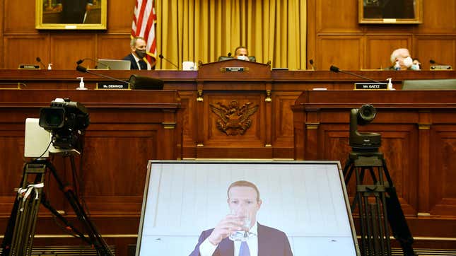  Facebook CEO Mark Zuckerberg testifies before the House Judiciary Subcommittee on Antitrust, Commercial and Administrative Law on Online Platforms and Market Power in the Rayburn House office Building, July 29, 2020 on Capitol Hill in Washington, DC. 