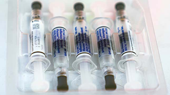 A box of influenza vaccines, about to be used during a free vaccination event in Los Angeles, California held October 17, 2020. 