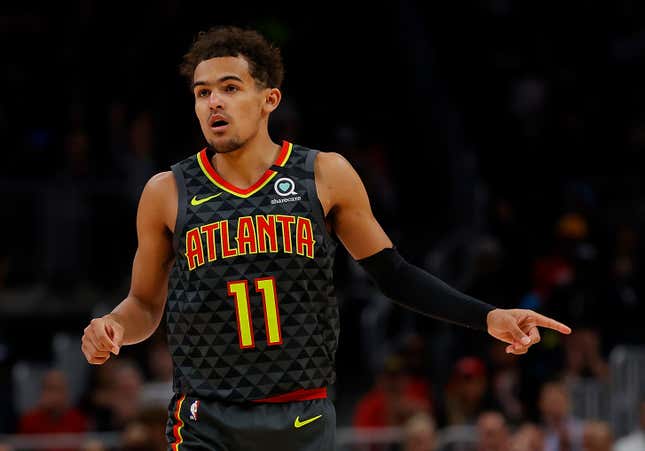 Trae Young #11 of the Atlanta Hawks reacts after hitting a three-point basket against the Orlando Magic in the first half at State Farm Arena on February 26, 2020, in Atlanta, Georgia.