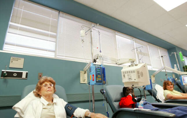 Cancer patients receive chemotherapy treatment at Cape Fear Valley Medical Center June 17, 2003 in Fayetteville, North Carolina.