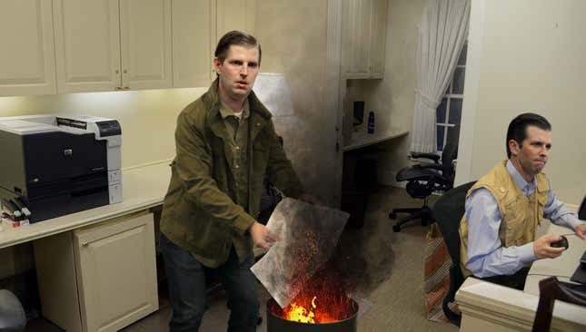 Image for article titled Trump Boys Frantically Burning Stacks Of Printed-Out Emails To Eliminate Paper Trail