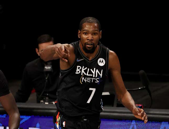 Kevin Durant #7 of the Brooklyn Nets celebrates his three point shot in the second quarter against the Toronto Raptors at Barclays Center on February 05, 2021 in New York City. NOTE TO USER: User expressly acknowledges and agrees that, by downloading and or using this photograph, User is consenting to the terms and conditions of the Getty Images License Agreement. 