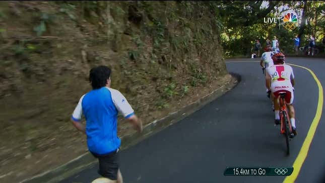 Spectator Chases After Olympic Cyclists, Screaming