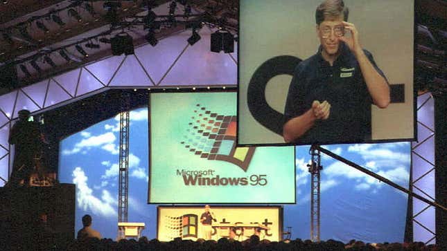 Bill Gates presenting Windows 95 on this day in 1995. According to Getty “the presentation, which included demonstrations of the software and a carnival, was attended by 500 journalists, 2000 guests, and 9000 Microsoft employees.”