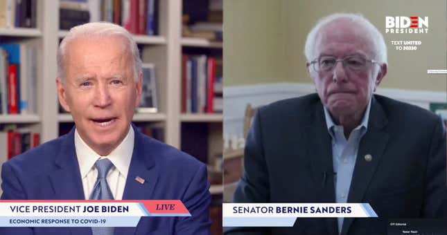  In this screengrab taken from the JoeBiden.com campaign website, U.S. Sen. Bernie Sanders (I-VT) endorses Democratic presidential candidate former Vice President Joe Biden during a live-streaming broadcast on April 13, 2020. Sanders said, “Today, I am asking all Americans—I’m asking every Democrat, I’m asking every Independent, I’m asking a lot of Republicans—to come together in this campaign to support your candidacy.”