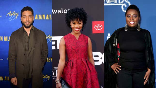 Jussie Smollett, left, attends the Alvin Ailey American Dance Theater’s 60th Anniversary Opening Night Gala Benefit on November 28, 2018; Brandee Evans at The Premiere Screening of “The Bobby Brown Story” on August 29, 2018; Ledisi attends the 2018 Soul Train Awards on November 17, 2018.