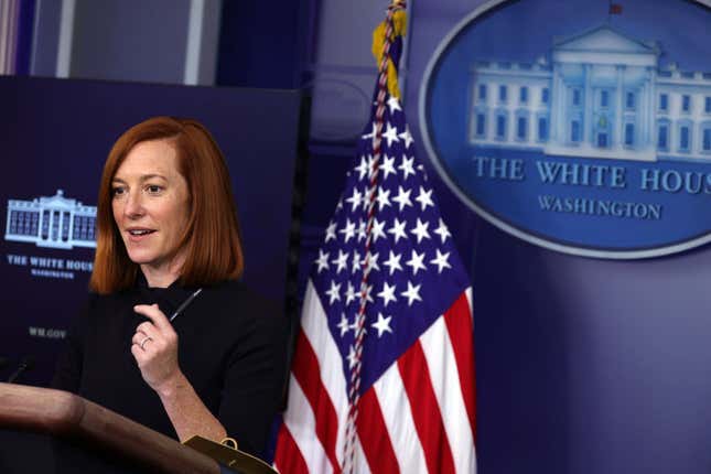 White House Press Secretary Jen Psaki participates in a White House press briefing at the James Brady Press Briefing Room of the White House January 22, 2021 in Washington, DC. 