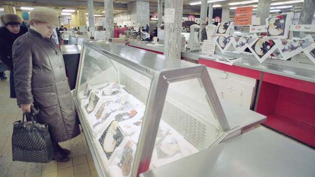 A Soviet woman stares at rows of empty refrigerators used for storing milk, instead the refrigerators are used to display plastic shopping bags at a local supermarket in Moscow on Tuesday, Nov. 27, 1990.