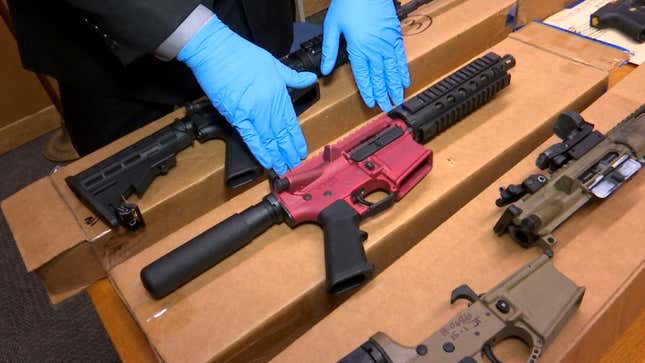 San Francisco police display untraceable firearms at a press conference in 2019.