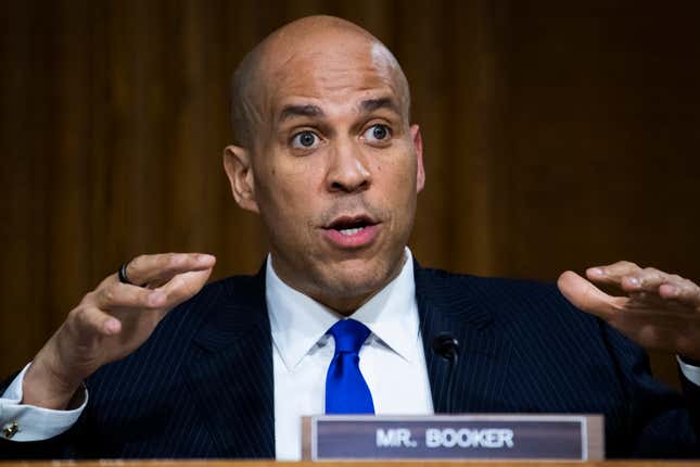 Sen. Cory Booker, (D-NJ) asks a question during a Judiciary Committee hearing in the Dirksen Senate Office Building on June 16, 2020 in Washington, D.C. 