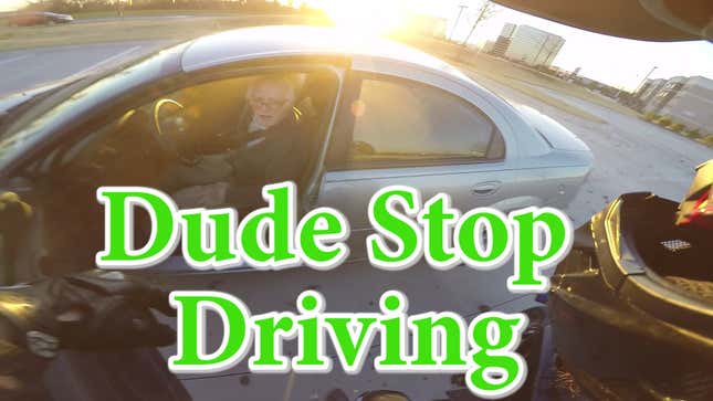 Watch This Motoryclist Hilariously Lose His Mind Trying To Tell An Old Man His Car's About To Explode