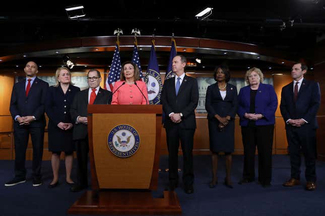 Speaker of the House Nancy Pelosi (D-Calif.) (C) announces the appointment of (L-R) Rep. Hakeem Jeffries (D-NY), Rep. Sylvia Garcia (D-Texas), Rep. Jerrold Nadler (D-NY), Rep. Adam Schiff (D-Calif.), Rep. Val Demings (D-Fla.), Rep. Zoe Lofgren (D-Calif.) and Rep. Jason Crow (D-Colo.) as managers of the Senate impeachment trial of President Donald Trump at the U.S. Capitol January 15, 2020, in Washington, DC.