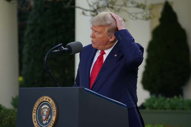 Image for article titled Watch: Trump Blows His Toupee Because He Doesn’t Like Answering Questions During Press Briefings That He Continues to Host