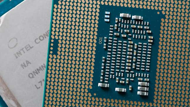 Close up of a Coffee Lake desktop CPU—also from the 8th generation of Intel processors.