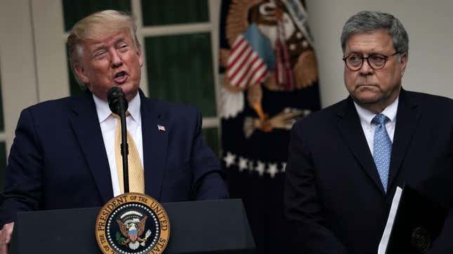 Donald Trump appearing with Attorney General William Barr in the Rose Garden of the White House on July 11, 2019