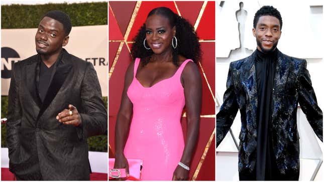 Daniel Kaluuya attends the 24th Annual Screen Actors Guild Awards on January 21, 2018 in Los Angeles, California; Viola Davis at the 90th Annual Academy Awards on March 4, 2018 in Hollywood, California; Chadwick Boseman attends the 91st Annual Academy Awards on February 24, 2019 in Hollywood, California.
