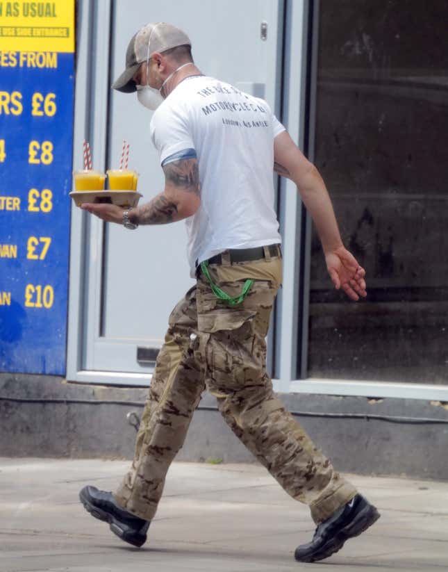 Tom Hardy Stocks Up on Groceries in His Face Mask