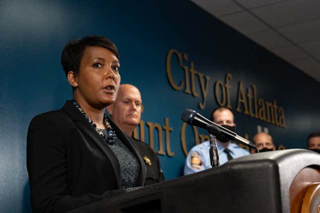 Mayor Keisha Lance Bottoms speaks at a press conference on March 17, 2021 in Atlanta, Georgia. Suspect Robert Aaron Long, 21, was arrested after a series of shootings at three Atlanta-area spas left eight people dead on Tuesday night, including six Asian women.