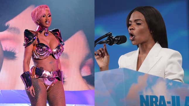 Cardi B performs onstage during the 63rd Annual GRAMMY Awards on March 14, 2021; Candace Owens speaks to guests during the NRA-ILA Leadership Forum on April 26, 2019.