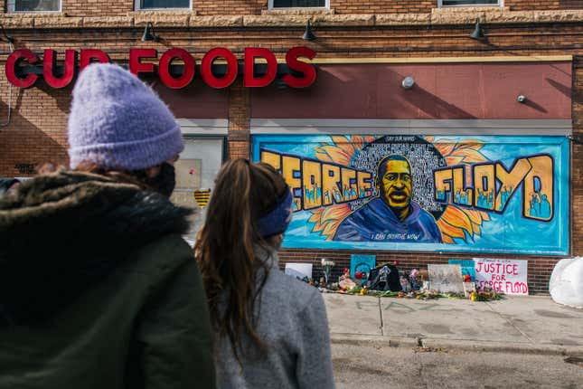 People gather at the intersection of 38th Street and Chicago Avenue to celebrate the guilty verdict in the Derek Chauvin trial on April 20, 2021 in Minneapolis, Minnesota. Former Minneapolis police officer Chauvin was found guilty today on all three charges he faced in the death of George Floyd.