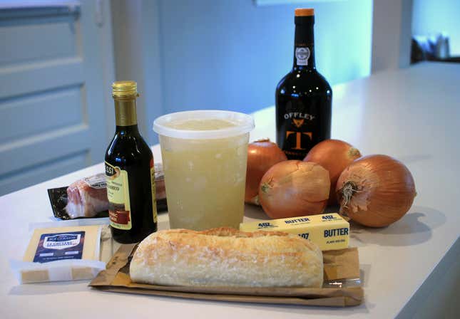 All the ingredients you need for Les Halles’ French onion soup.