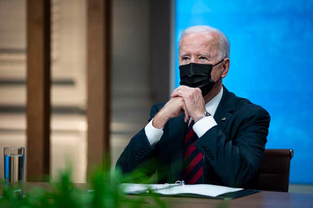 President Joe Biden listens during a virtual Leaders Summit on Climate with 40 world leaders in the East Room of the White House April 22, 2021 in Washington, DC. President Biden pledged to cut greenhouse gas emissions by half by 2030. 