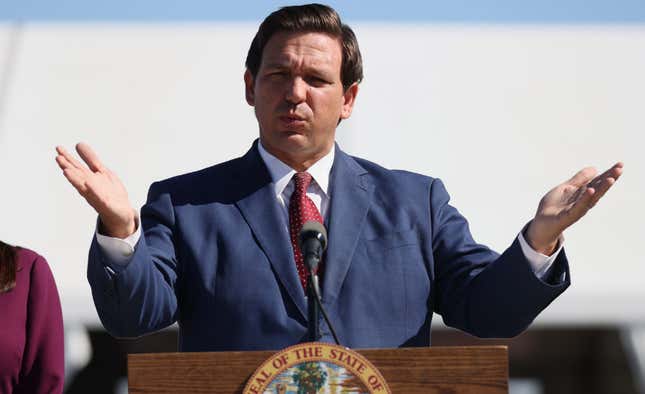 Florida Governor Ron DeSantis speaks during a press conference about the opening of a COVID-19 vaccination site at the Hard Rock Stadium on January 6, 2021 in Miami Gardens, Florida.