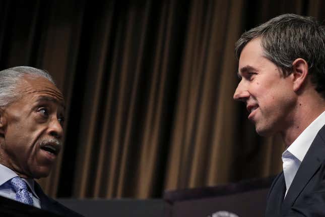 Rev. Al Sharpton (Left) speaks to former U.S. Representative and Democratic presidential candidate Beto O’Rourke at the National Action Network’s annual convention, April 3, 2019 in New York City. 