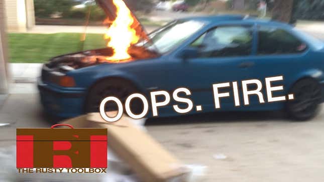 Watch This Guy Battle An Engine Fire With A Yard Sprinkler<em></em><em></em>