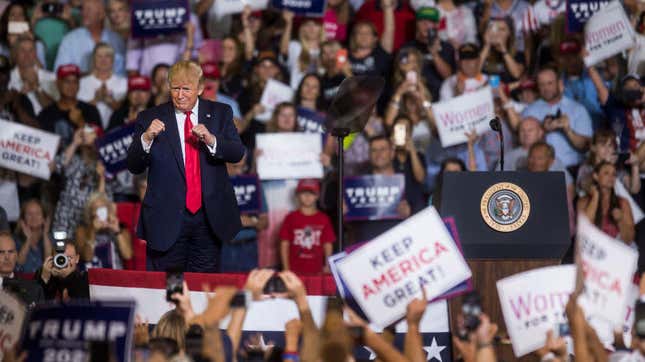 Donald Trump takes the podium before speaking during a political rally on July 17, 2019, in Greenville, N.C., where supporters chanted “Send her back” in reference to frequent Trump critic Rep. Ilhan Omar.