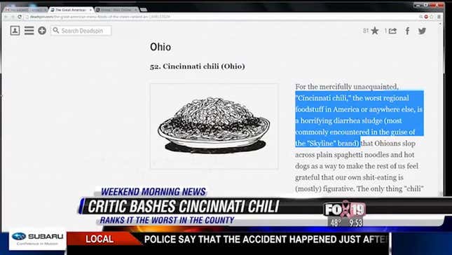"Chili Slander": Cincinnati Media Reacts To Our State Food Rankings