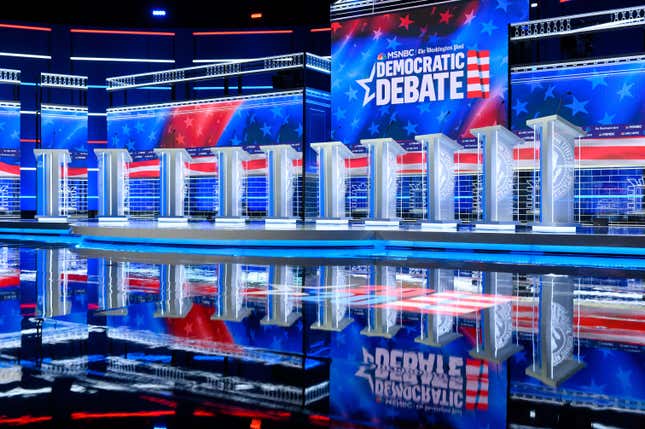 The debate stage is prepared for the upcoming Democratic Presidential Debate hosted by MSNBC and The Washington Post at Tyler Perry Studios in Atlanta, Georgia, on November 19, 2019. - The debate is scheduled for November 20. (