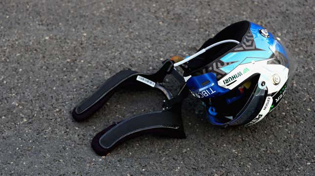 Valtteri Bottas’s discarded helmet and HANS device.