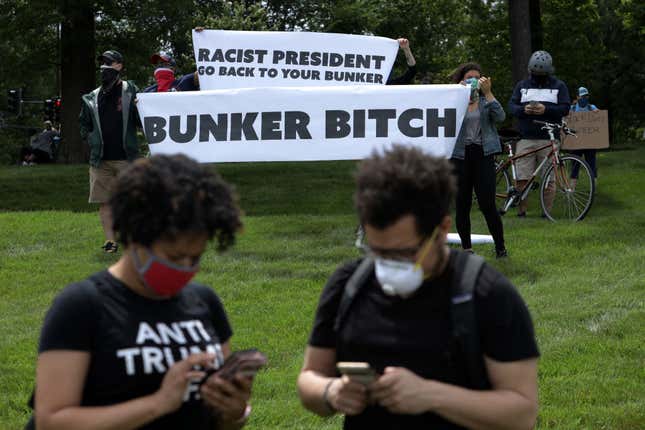 Demonstrators stage a protest near the Saint John Paul II National Shrine, where President Donald Trump planned a visit, in response to the death of George Floyd while under police custody June 2, 2020, in Washington, D.C.