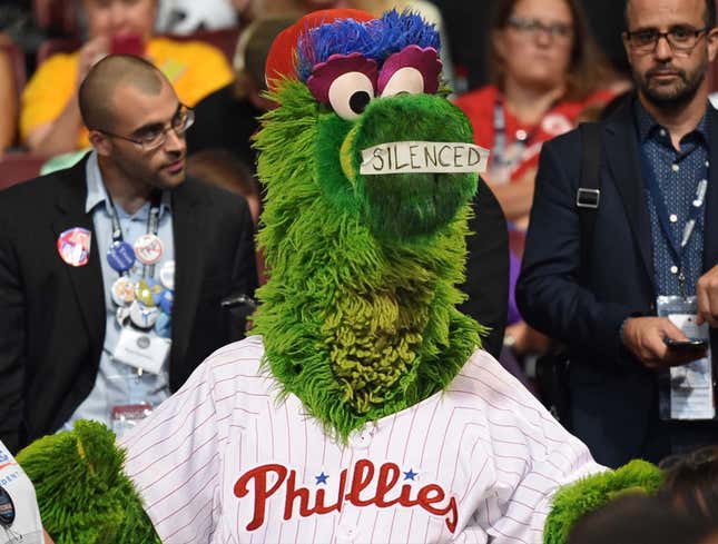 Image for article titled Pro-Sanders Phillie Phanatic Places Masking Tape Reading ‘Silenced’ Over Honker