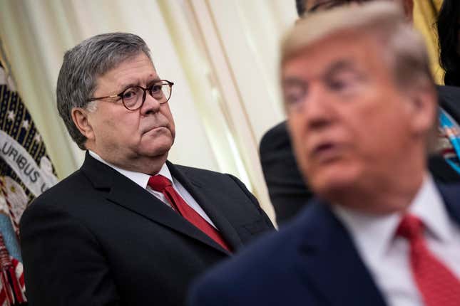 Image for article titled Attorney General William Barr to Donald Trump: Please Stop Tweeting About Us, You’re Making It Obvious