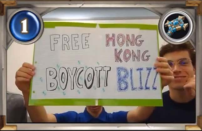 Image for article titled College Hearthstone Players Hold Up &#39;Free Hong Kong, Boycott Blizzard&#39; Sign On Stream