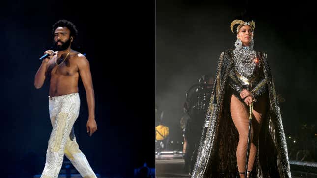 Childish Gambino performs onstage during the 2018 iHeartRadio Music Festival on September 21, 2018 in Las Vegas, Nevada.; Beyonce Knowles performs onstage during 2018 Coachella Valley Music And Arts Festival Weekend 1 on April 14, 2018 in Indio, California. 