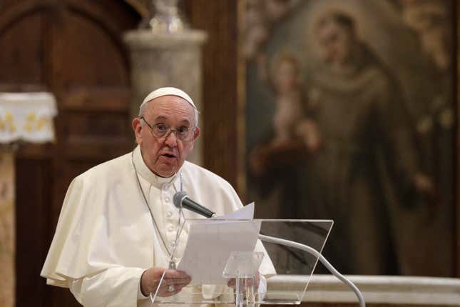 In this Tuesday, Oct. 20, 2020 file photo, Pope Francis attends an inter-religious ceremony for peace in the Basilica of Santa Maria in Aracoeli, in Rome.